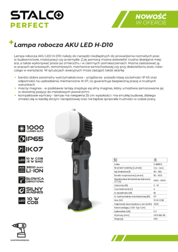 Lampa Robocza Aku Led H-D10 Stalco Perfect S-98803 4 Lata Gwarancji