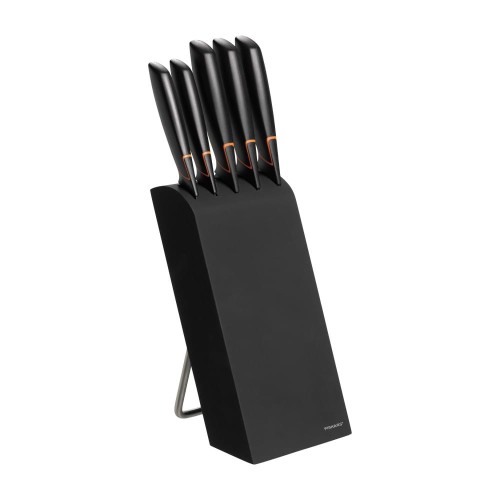 Zestaw 5 Noży W Bloku Fiskars:  Nóż Do Skrobania,  Nóż Do Pomidorów,  Nóż Do Chleba,  Nóż Szefa Kuchni 19 cm,  Nóż Typ Santoku