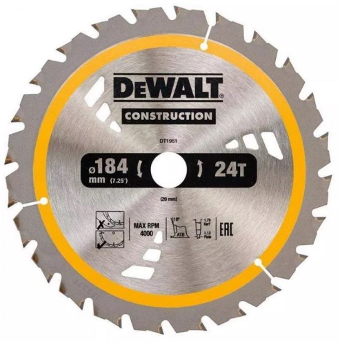 DT1951-QZ DEWALT PIŁA TARCZOWA 184/20MM 24 ZĘBY