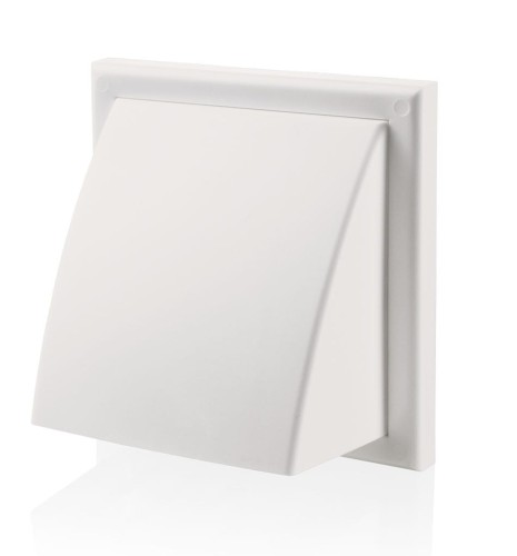 Wylot Ścienny 154X154 mm Z Zaworem Zwrotnym, Okapem I Kołnierzem Fi 100 mm, Biały