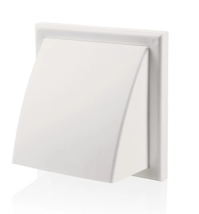 MW102AZPK WYLOT ŚCIENNY 154X154 MM Z ZAWOREM ZWROTNYM, OKAPEM I KOŁNIERZEM FI 100 MM, BIAŁY
