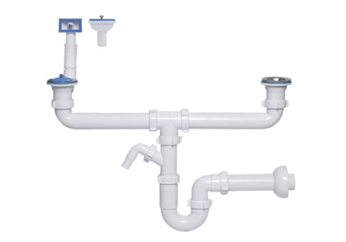 Syfon Zlewozmywakowy 50mm Rurowy Podwójny Z Metalowym Sitkiem, Z Wyjściem Do Pralki/Zmywarki I Przelewem Prostokątnym Wertykalnym/Horyzontalnym Tycner