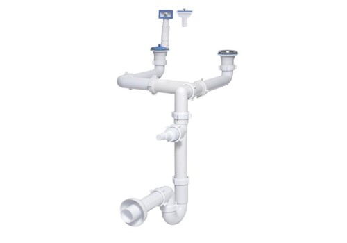 Syfon Zlewozmywakowy Fi 50mm Rurowy Podwójny Z Metalowym Sitkiem, Z Wyjściem Do Pralki/Zmywarki I Przelewem Prostokątnym Wertykalnym/Horyzontalnym, Oszczedzający Przestrzeń Tycner