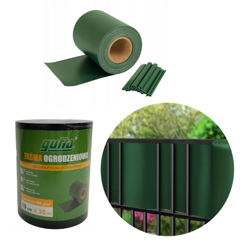 Taśma Ogrodzeniowa Zielona Gutta 19cm X 35M Pvc 450G:M2 + 20 Klipsów.webp