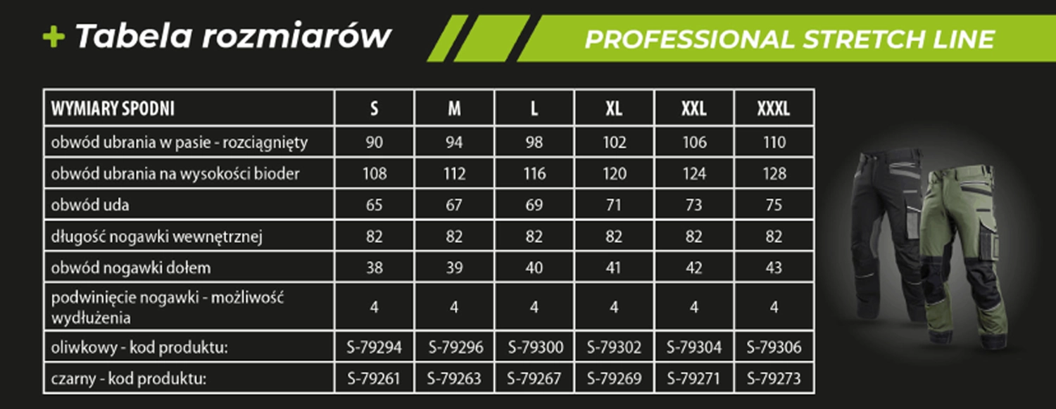 Rozmiarówka Stretch Line Stalco Spodnie Robocze